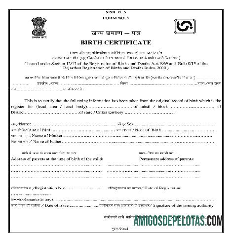 Índia Rajastão Registro de nascimentos e certidão de óbito amostra